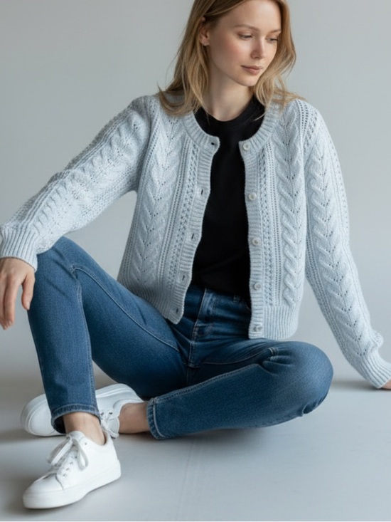 Hollister Sweaters - Hollister Y2K Light Blue Cable Knit Cropped Button Cottage Cardigan Size XS